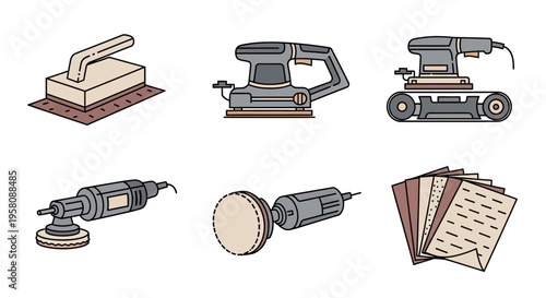 Variety of power sanding tools equipment.