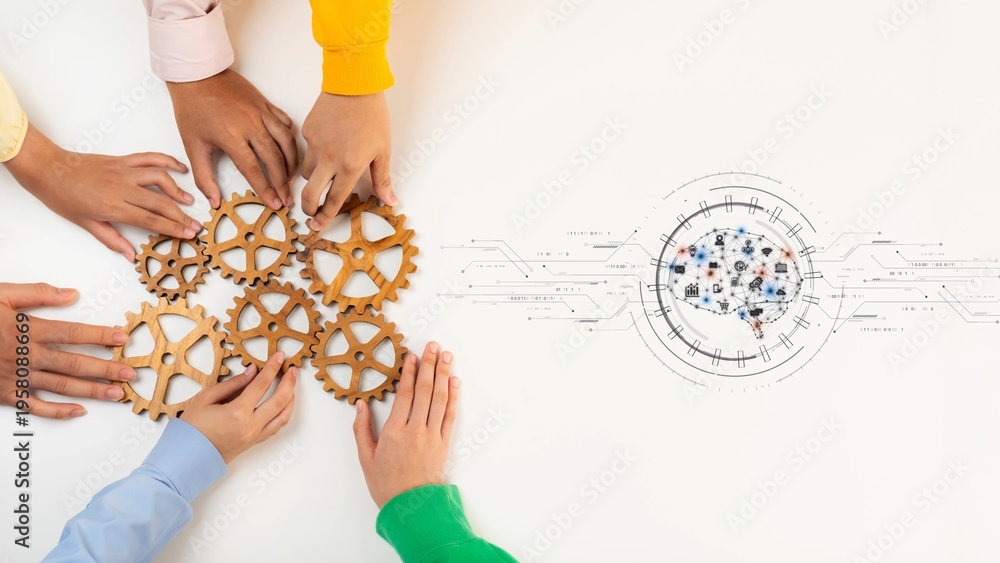Obraz premium A diverse group of hands working together on wooden gears represents innovation and teamwork in a modern workspace, highlighting collaboration for success. Raster
