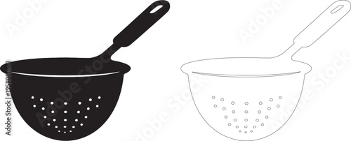 Black silhouette and outline of colander with handle