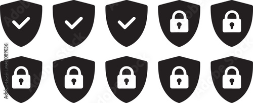 Black shield and lock on white background security protection