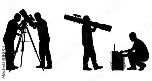 Astronomers Observing Celestial Bodies with Telescopes and Equipment Star Gazing Silhouette