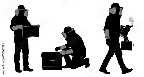 Beekeeper in Protective Suit Working with Hive and Smoker Agricultural Activity Apiary Management