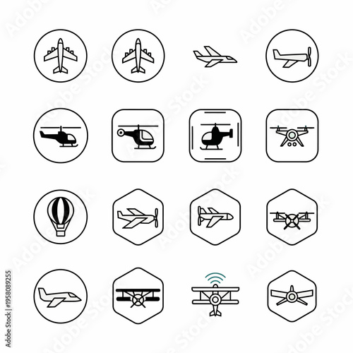 Collection of various aircraft icons in different shapes.