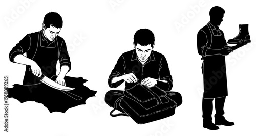 Cobbler Crafting Leather Goods: Cutting Stitching Inspecting FootwearArtisan Shoemaking