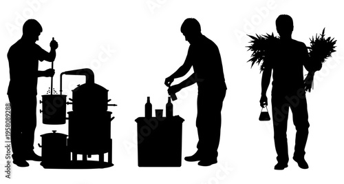 Distiller Working with Equipment Measuring Liquid Carrying Harvested Plants Silhouette