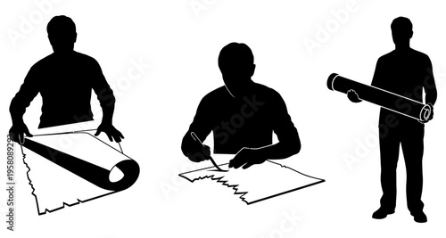 Craftsman Unrolling Wallpaper Drawing Plans Holding Rolled Material Silhouette Detail Interior Design