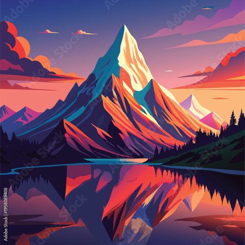 Colorful mountain reflection on lake.