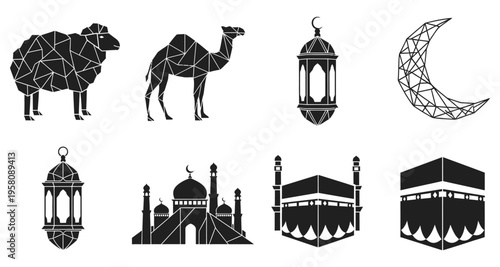 Islamic Symbols Silhouette: Sheep Camel Mosque Kaaba Lanterns Crescent Moon Icons