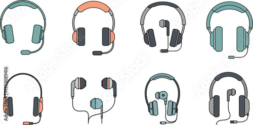 A collection of various headphones and earphones, including over-ear headsets with microphones and in-ear earbuds, depicted in a flat illustration style.
