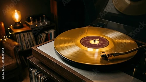 Luxurious golden vinyl record spinning on a vintage wooden turntable in a cozy warm interior room