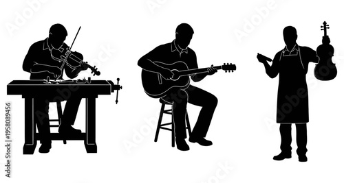 Luthier Crafting Violin Musician Playing Guitar Master Holding Cello Silhouette Musical Instrument Production Artisan Craft