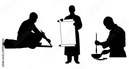 Monk Silhouette Set: Writing Scroll Painting Cooking Zen Buddhist Culture Isolated
