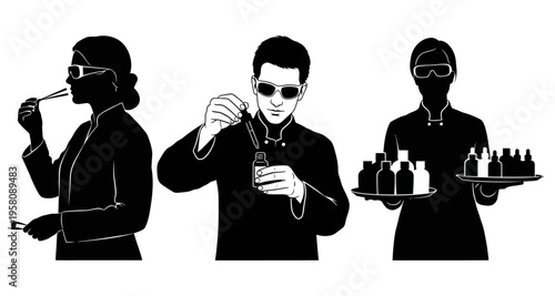 Perfumer Analyzing Fragrance Notes with Blotter Mixing Essential Oils and Presenting Aroma Bottles