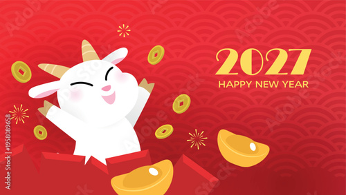 Cute zodiac goat with red envelopes, gold sycee ingots and gold coins. Wishing wealth for chinese new year of the goat 2027, or lunar new year 2027.