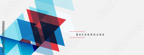 Abstract geometric shapes overlap, creating dynamic visual effect. Red, blue, light hues dominate white space. Text reads BACKGROUND.