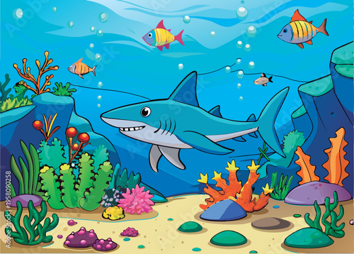 Friendly shark in a vibrant underwater scene.