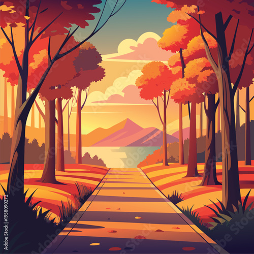 Autumn path leads to serene lake.