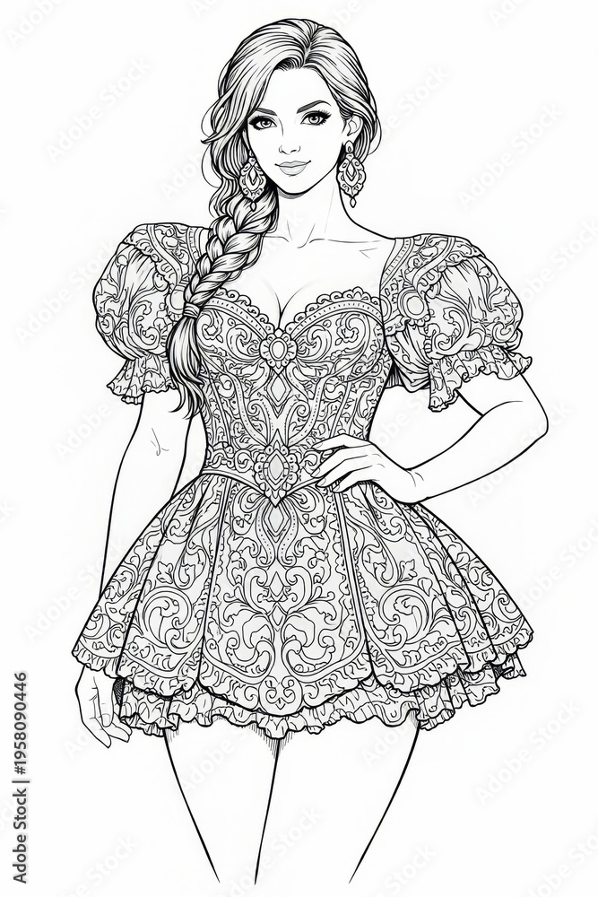 Fototapeta premium Detailed black and white line art of a confident young woman in an ornate short dress with puffed sleeves and braided hair, perfect for adult coloring pages or fashion design.
