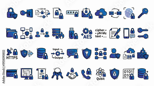 Cybersecurity Encryption Icon Set in Doodle Style. A collection of linear icons including firewall, password, biometric, cloud, database, shield, lock, key, credit card, and AES. Hand-drawn.