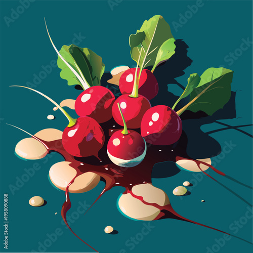 Vibrant radishes with dripping sauce.