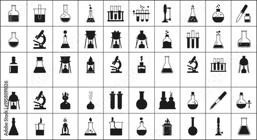 Laboratory equipment icons science symbols beakers test tubes microscope science tools on white background