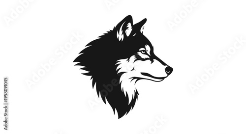 Black and white wolf head illustration with furry texture on plain background