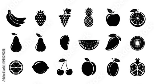 Collection of assorted fruit icons in black silhouette on white background for design and decoration