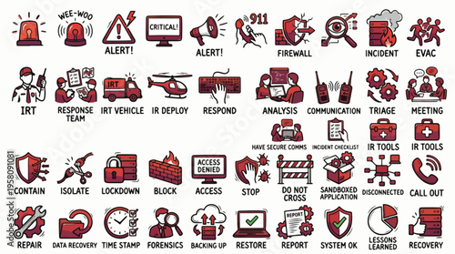 Incident Response IRT Icons Set in Hand-Drawn Style. A collection of Cybersecurity Defense Linear Icons, Including firewall, triage, forensics, recovery, backup, siren, threat, and more.