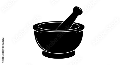 Black mortar and pestle icon on white background for pharmacy or lab use