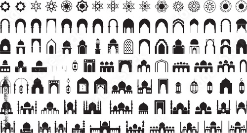 Islamic architecture symbols and mosque icons in black silhouette on white background