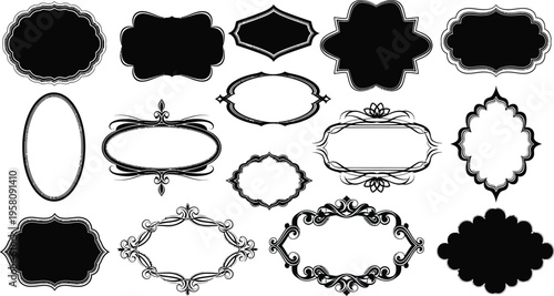 Collection of black ornate decorative frames and labels on white background