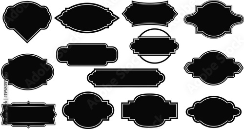 Collection of black ornate frames and labels with white borders on white background