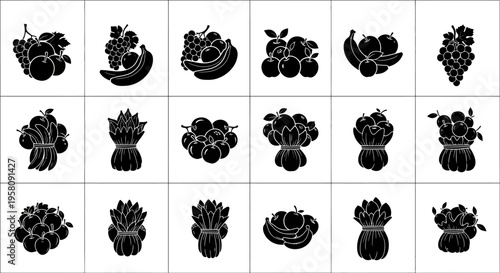 Collection of black fruit icons including berries citrus and tropical fruits on white background