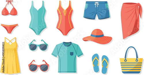 Collection of colorful flat summer vacation clothing and accessories beachwear swimwear bikini swimsuit