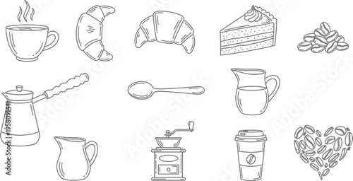 Collection of coffee and pastry line coffee cup steam croissant cake slice coffee beans pile