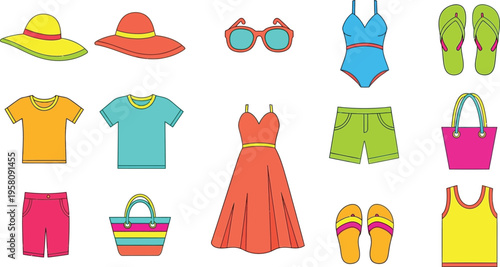 Collection of colorful summer clothing and accessories for vacation summer clothes vacation wear beach outfit