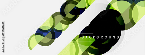 Abstract design features overlapping translucent circles, green hues dominate, creating dynamic visual texture. Modern background element.