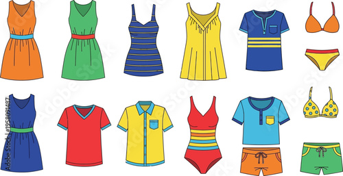 Collection of colorful summer clothing and swimwear fashion dress