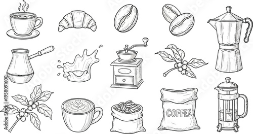 Hand drawn coffee including cup beans grinder moka pot and croissant