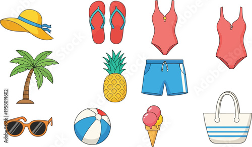 Collection of summer vacation beach including hat flip flops swimwear pineapple palm tree sunglasses beach ball ice cream and beach bag