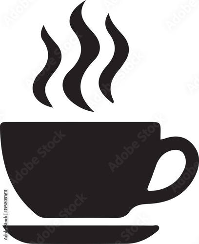 A clean silhouette vector design of a steaming hot coffee cup on a saucer