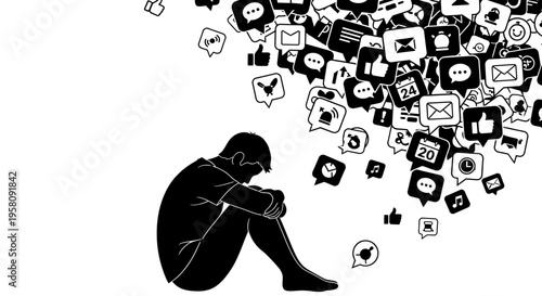 Overwhelmed person, stressed, surrounded by social media icons, depression, anxiety, mental health