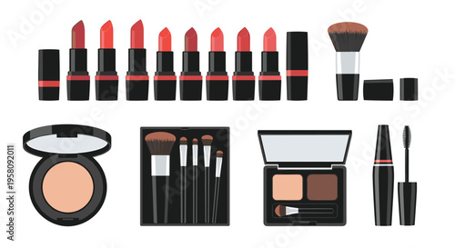 Various makeup products including closed lipsticks, brushes, compact powder, eyeshadow, and mascara are arranged on a white background.