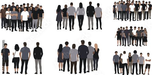 Crowd of people silhouettes set with groups from front and back views, diverse men and women standing together vector illustration collection