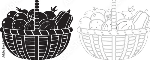 Black silhouette of a woven basket overflowing with vegetables