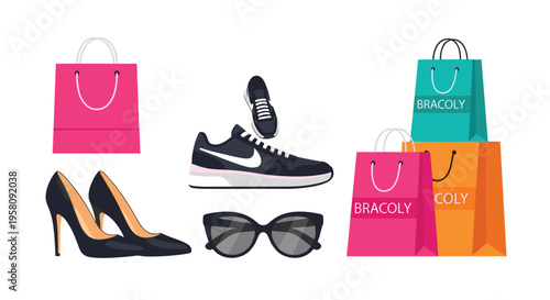 Fashion items like high heels, sneakers, sunglasses, and multiple shopping bags are arranged on a white background.