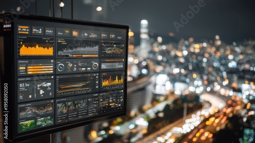 Data analytics dashboard city skyline technology nighttime elevated view insights and trends