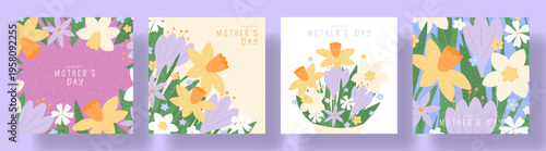 Happy Mother's Day Spring cards. Spring backgrounds set with spring wildflowers: crocuses, chamomile, narcissus. Vector banners for nature-inspired design of event, ads, branding, cover, card, sale.