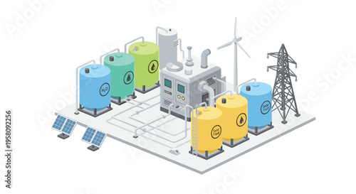 An isometric green energy plant with tanks, solar panels, and a wind turbine is on a white background.