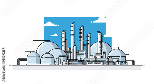 A large industrial refinery with tall columns and storage tanks is under a blue sky.